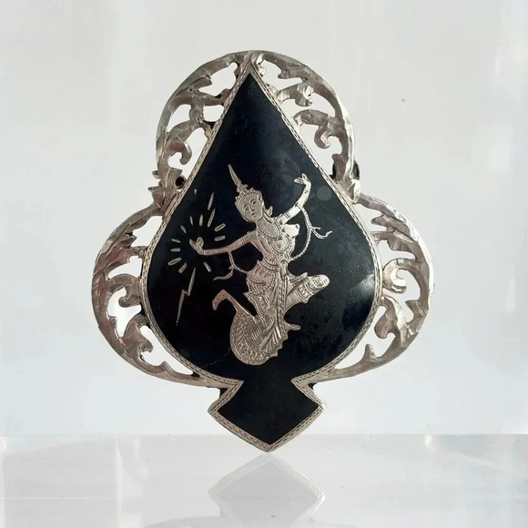 Siam Sterling Niello Makkalah Goddess of Lightening Black Enamel Vintage Brooch - Picture 1 of 10